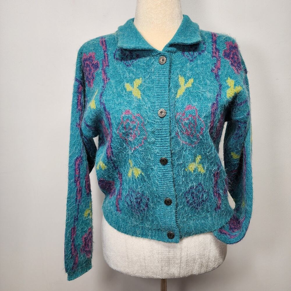 Europrep Womens Floral Cardigan Sweater Sz S Blue Intarsia Collared Vintage 80s